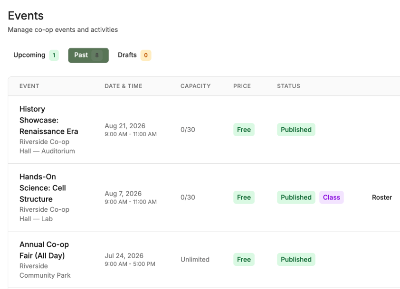 The CooplyHQ events list, showing co-op classes with their dates, rooms, capacity, price and published status