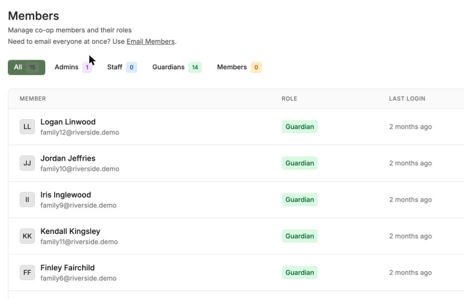The CooplyHQ member directory, showing each family with their role and last sign-in